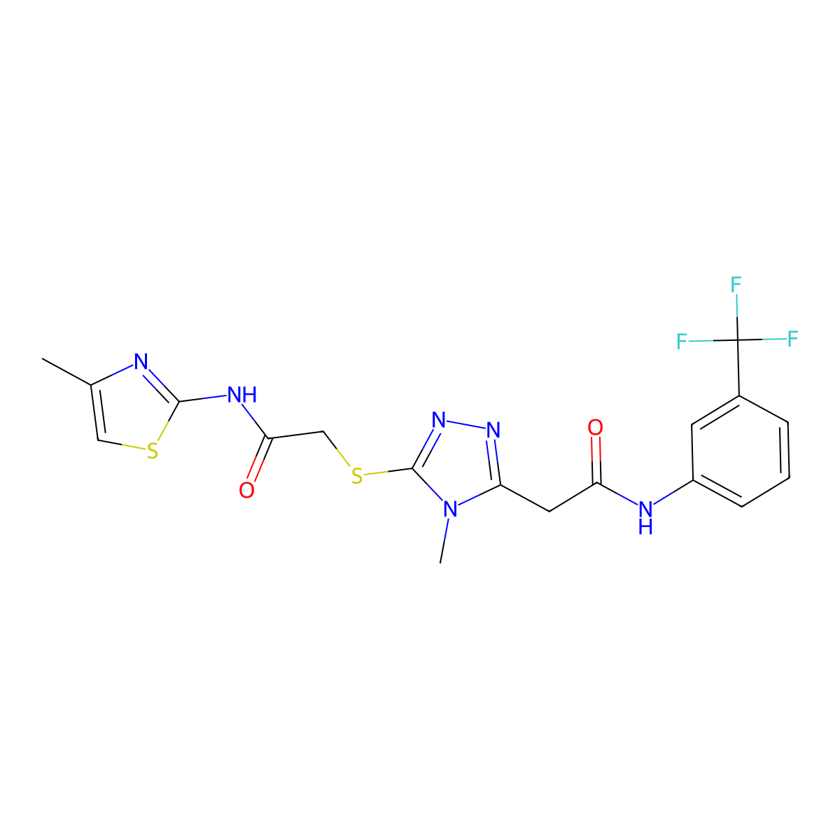 2-[4-methyl-5-[2-[(4-methyl-1,3-thiazol-2-yl)amino]-2-oxoethyl]sulfanyl-1,2,4-triazol-3-yl]-N-[3-(trifluoromethyl)phenyl]acetamide molecular structure, CAS 767325-42-8
