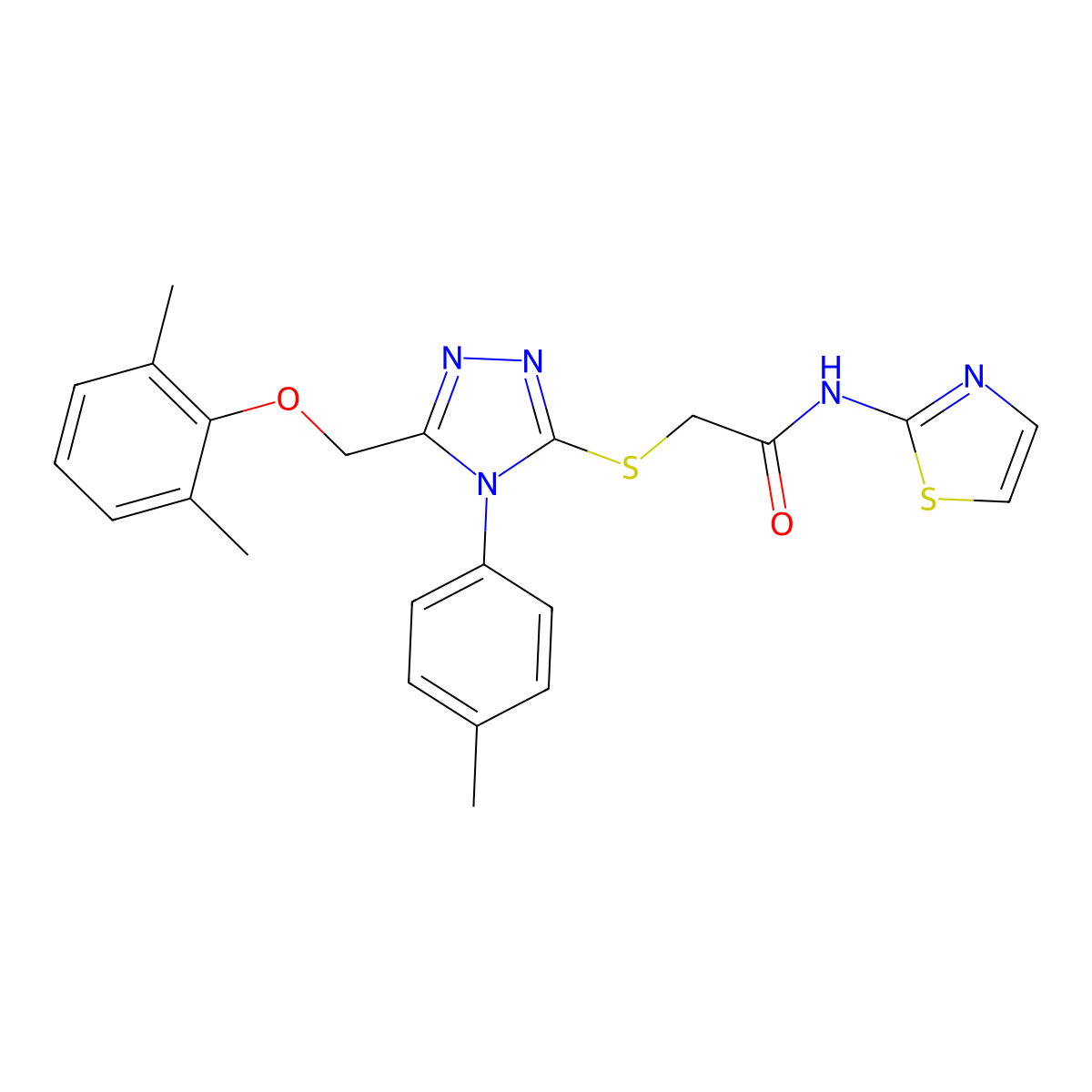 2-{[5-[(2,6-dimethylphenoxy)methyl]-4-(4-methylphenyl)-4H-1,2,4-triazol-3-yl]thio}-N-1,3-thiazol-2-ylacetamide molecular structure, CAS 767325-43-9