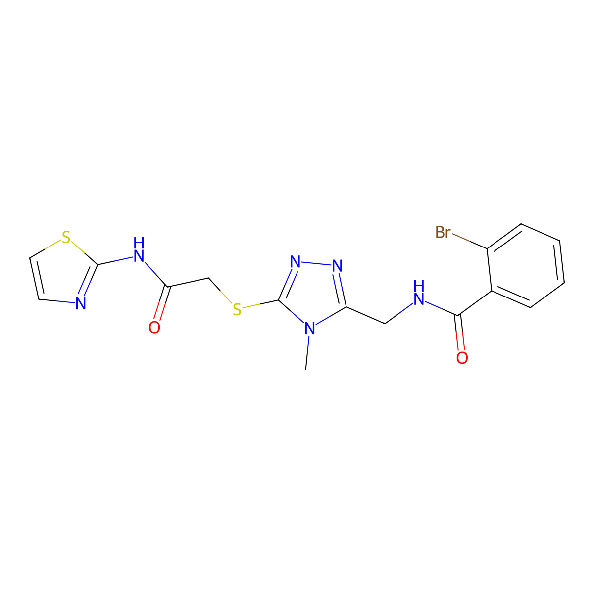 2-bromo-N-[[4-methyl-5-[2-oxo-2-(1,3-thiazol-2-ylamino)ethyl]sulfanyl-1,2,4-triazol-3-yl]methyl]benzamide molecular structure, CAS 767325-44-0