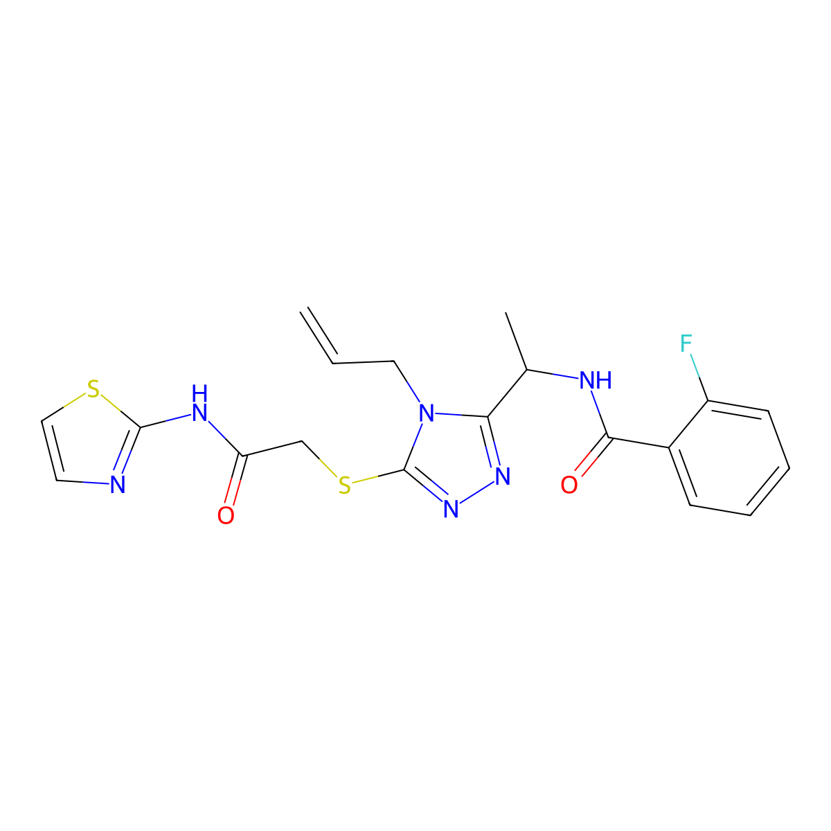 2-fluoro-N-{1-[5-{[2-oxo-2-(1,3-thiazol-2-ylamino)ethyl]sulfanyl}-4-(prop-2-en-1-yl)-4H-1,2,4-triazol-3-yl]ethyl}benzamide molecular structure, CAS 767325-45-1