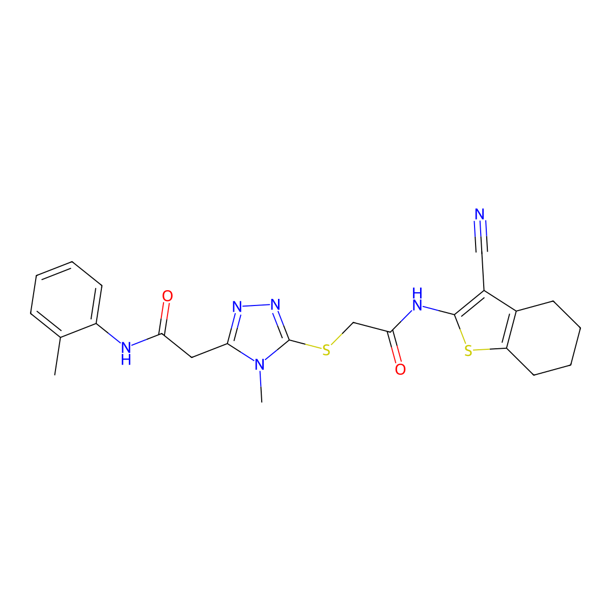 2-[5-[2-[(3-cyano-4,5,6,7-tetrahydro-1-benzothiophen-2-yl)amino]-2-oxoethyl]sulfanyl-4-methyl-1,2,4-triazol-3-yl]-N-(2-methylphenyl)acetamide molecular structure, CAS 767325-46-2