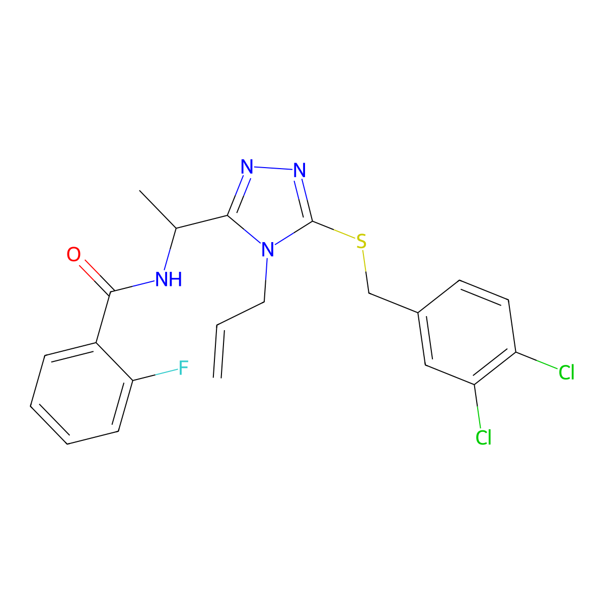 N-(1-{5-[(3,4-dichlorobenzyl)sulfanyl]-4-(prop-2-en-1-yl)-4H-1,2,4-triazol-3-yl}ethyl)-2-fluorobenzamide molecular structure, CAS 767325-56-4