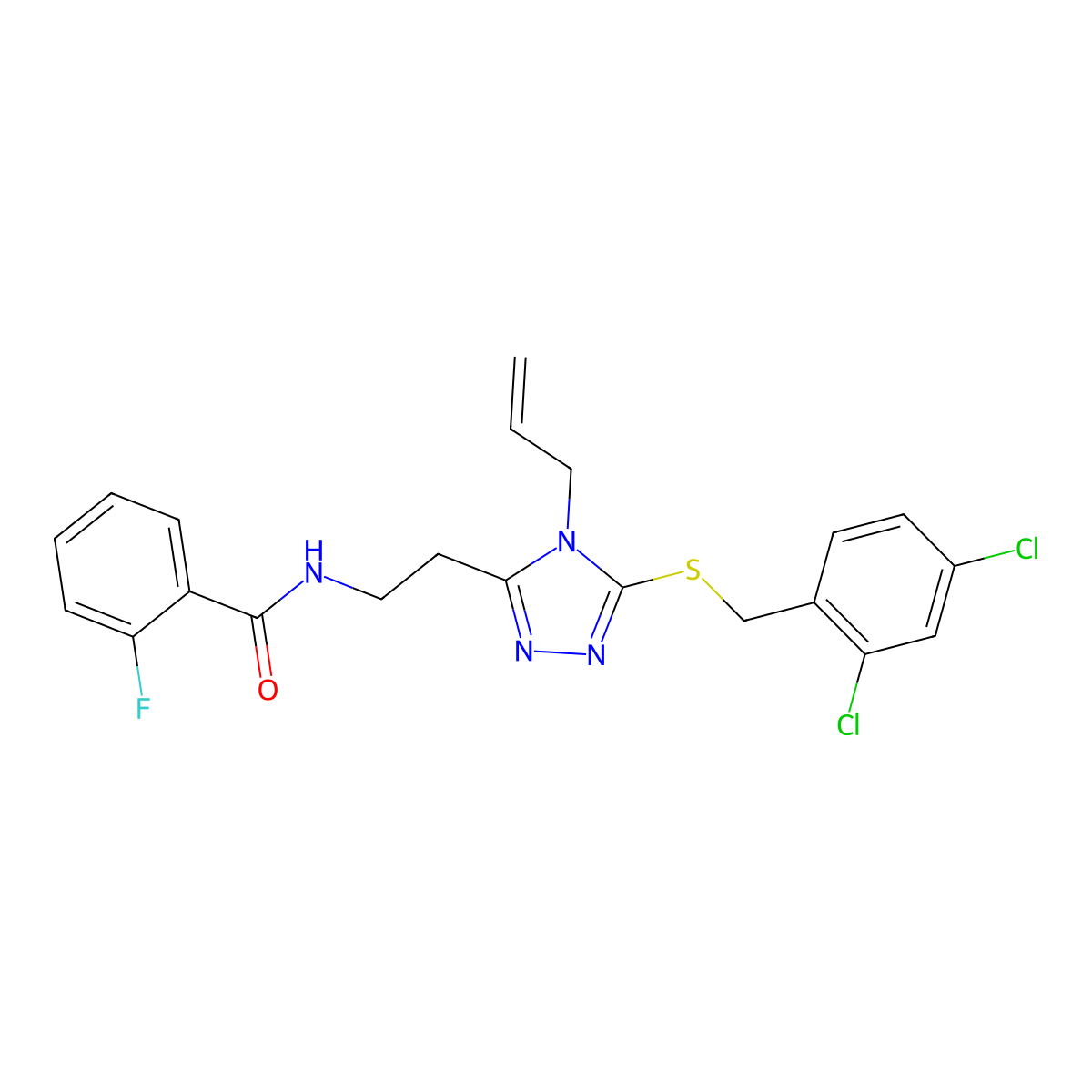 N-[2-[5-[(2,4-dichlorophenyl)methylsulfanyl]-4-prop-2-enyl-1,2,4-triazol-3-yl]ethyl]-2-fluorobenzamide molecular structure, CAS 767325-60-0