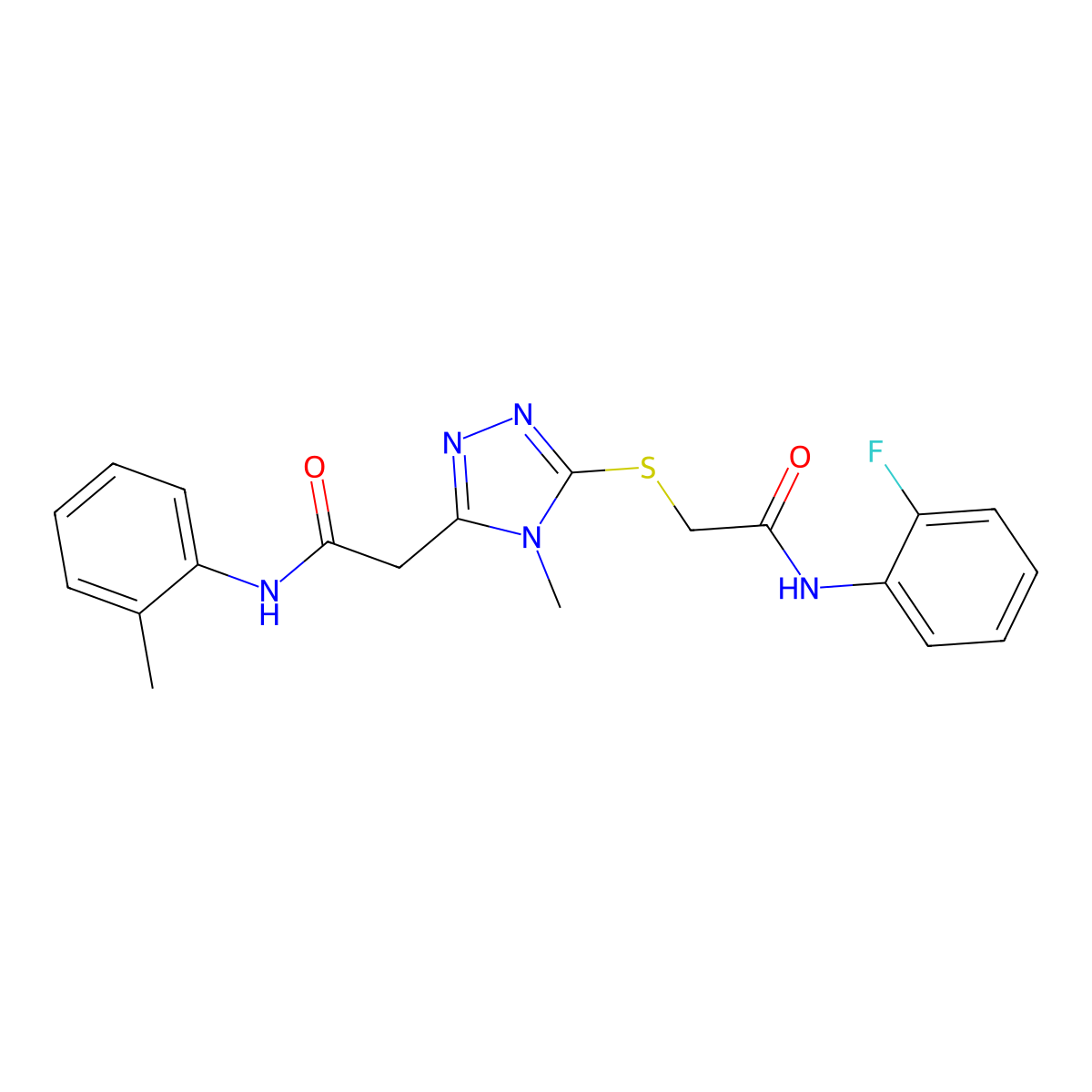 2-[5-[2-(2-fluoroanilino)-2-oxoethyl]sulfanyl-4-methyl-1,2,4-triazol-3-yl]-N-(2-methylphenyl)acetamide molecular structure, CAS 767325-70-2
