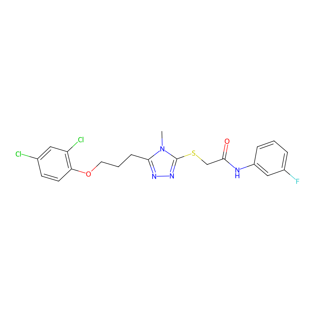 2-[[5-[3-(2,4-dichlorophenoxy)propyl]-4-methyl-1,2,4-triazol-3-yl]sulfanyl]-N-(3-fluorophenyl)acetamide molecular structure, CAS 767325-90-6