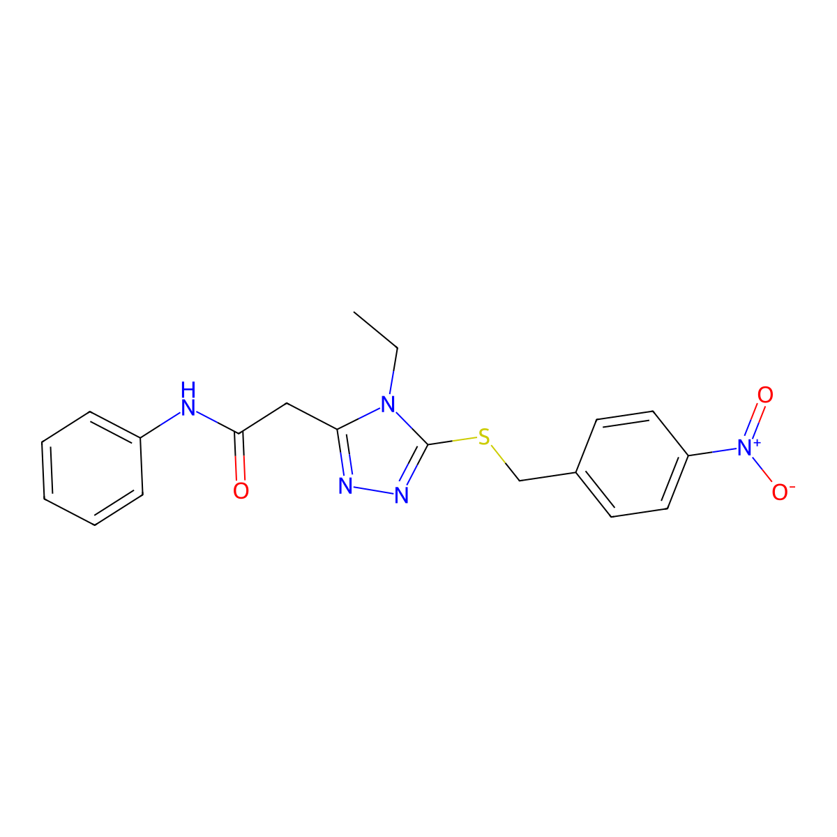 2-[4-ethyl-5-[(4-nitrophenyl)methylsulfanyl]-1,2,4-triazol-3-yl]-N-phenylacetamide molecular structure, CAS 767326-21-6