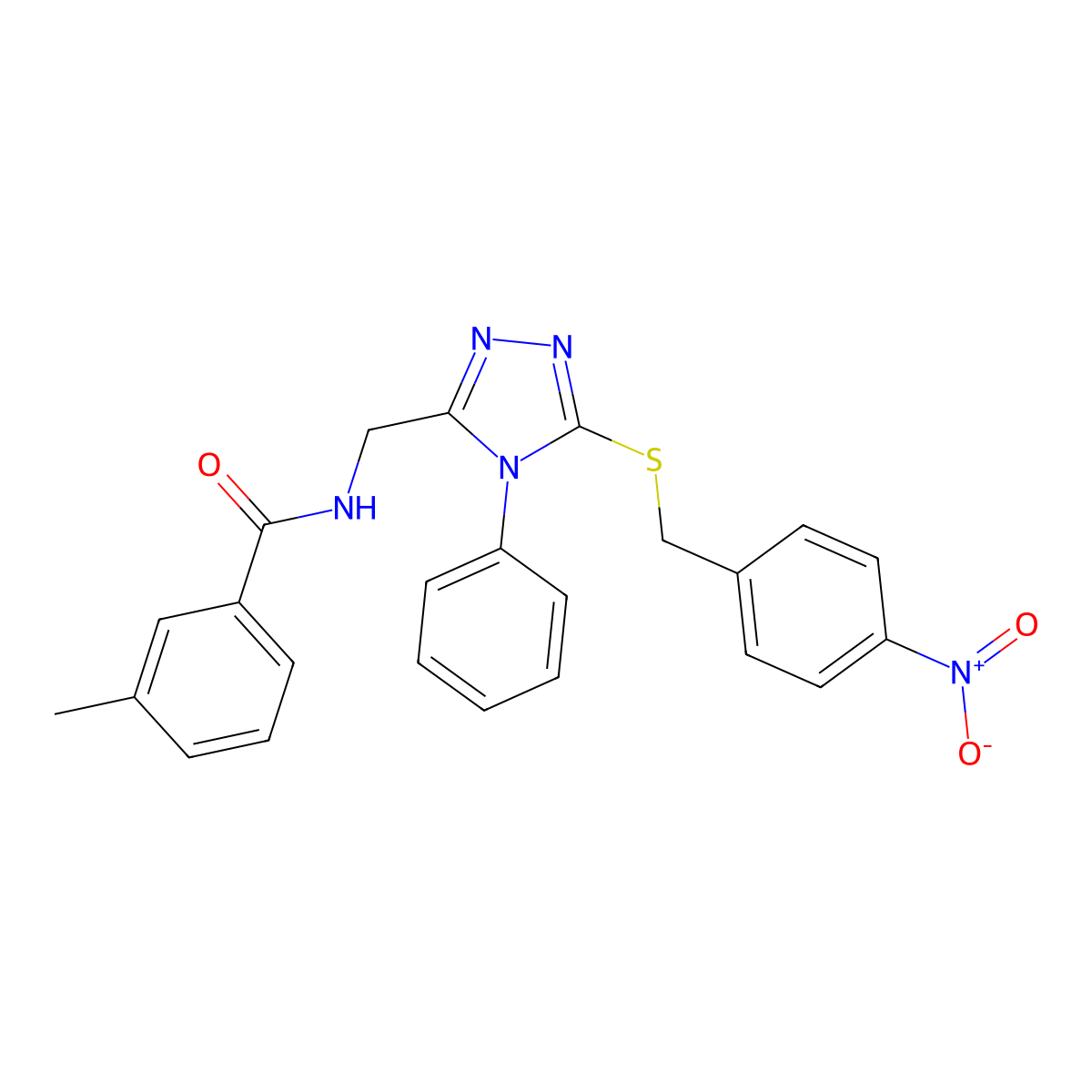 3-methyl-N-[[5-[(4-nitrophenyl)methylsulfanyl]-4-phenyl-1,2,4-triazol-3-yl]methyl]benzamide molecular structure, CAS 767326-23-8