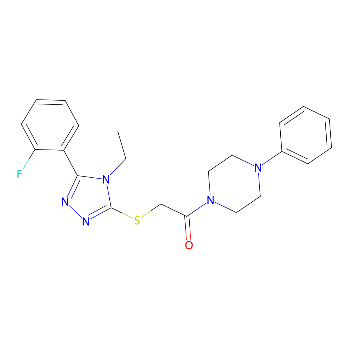 2-[[4-Ethyl-5-(2-fluorophenyl)-1,2,4-triazol-3-yl]sulfanyl]-1-(4-phenylpiperazin-1-yl)ethanone molecular structure, CAS 767326-49-8