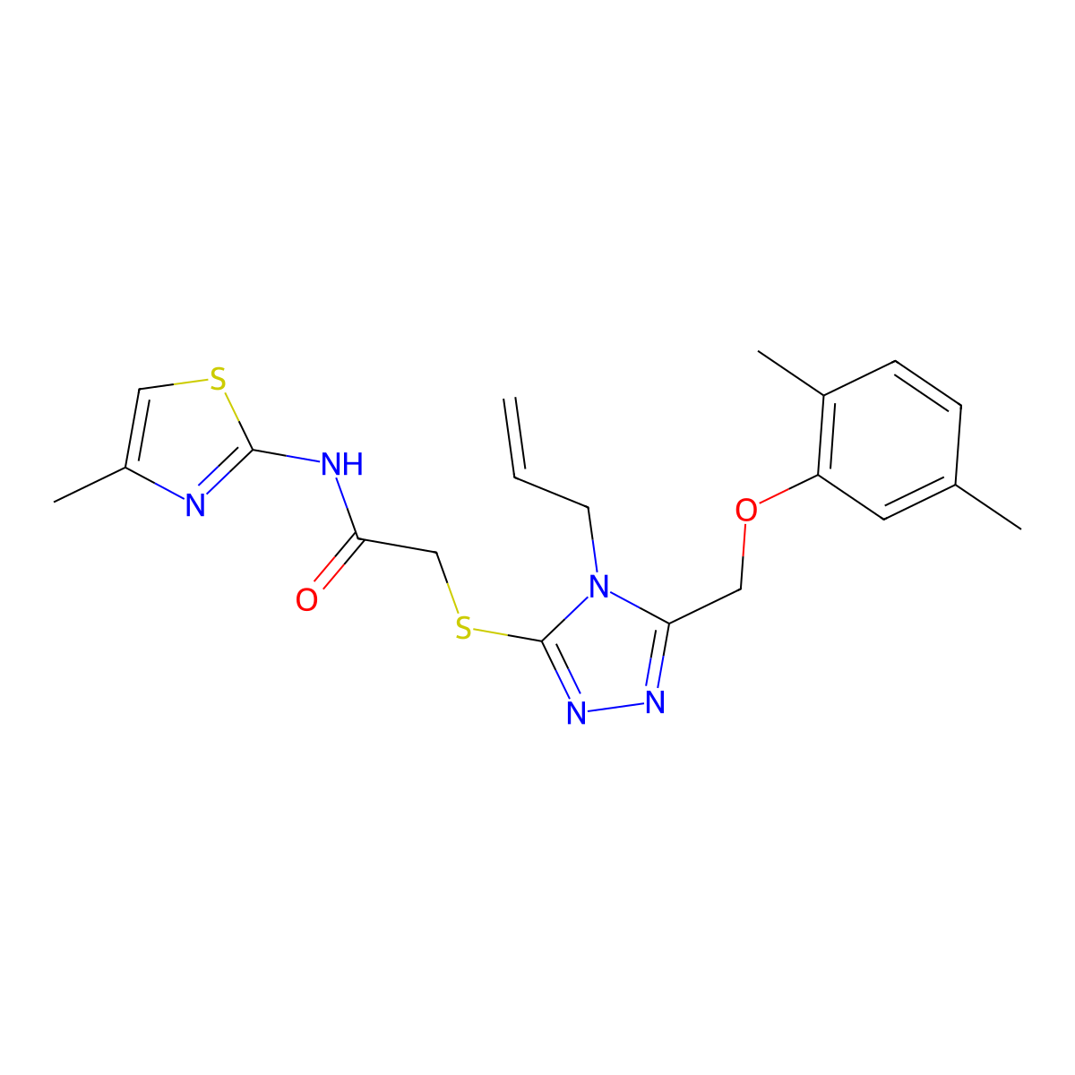 2-[[5-[(2,5-dimethylphenoxy)methyl]-4-prop-2-enyl-1,2,4-triazol-3-yl]sulfanyl]-N-(4-methyl-1,3-thiazol-2-yl)acetamide molecular structure, CAS 767326-53-4