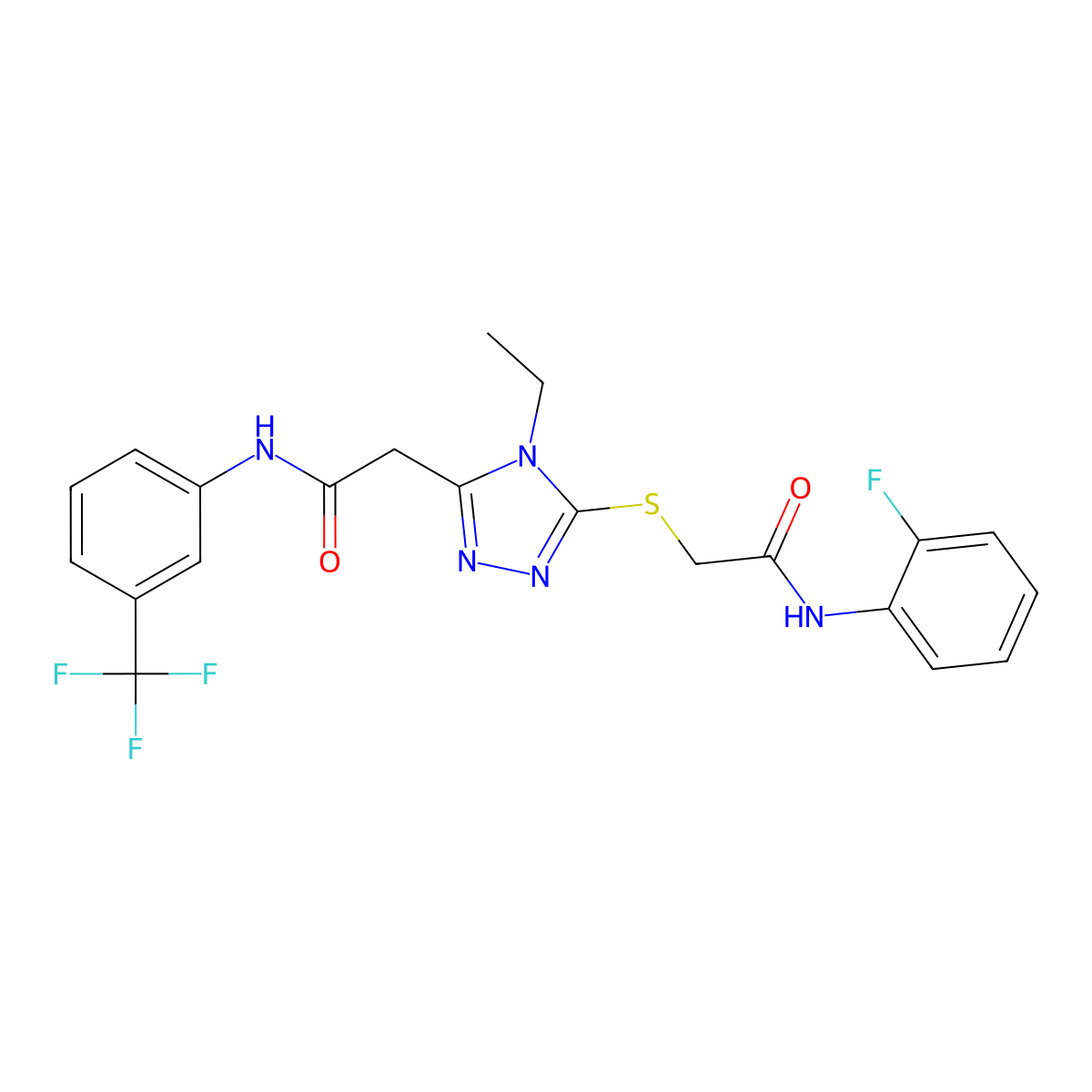 2-[4-ethyl-5-[2-(2-fluoroanilino)-2-oxoethyl]sulfanyl-1,2,4-triazol-3-yl]-N-[3-(trifluoromethyl)phenyl]acetamide molecular structure, CAS 767327-10-6