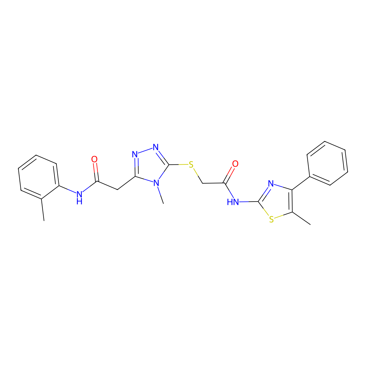 2-[4-methyl-5-[2-[(5-methyl-4-phenyl-1,3-thiazol-2-yl)amino]-2-oxoethyl]sulfanyl-1,2,4-triazol-3-yl]-N-(2-methylphenyl)acetamide molecular structure, CAS 767327-13-9