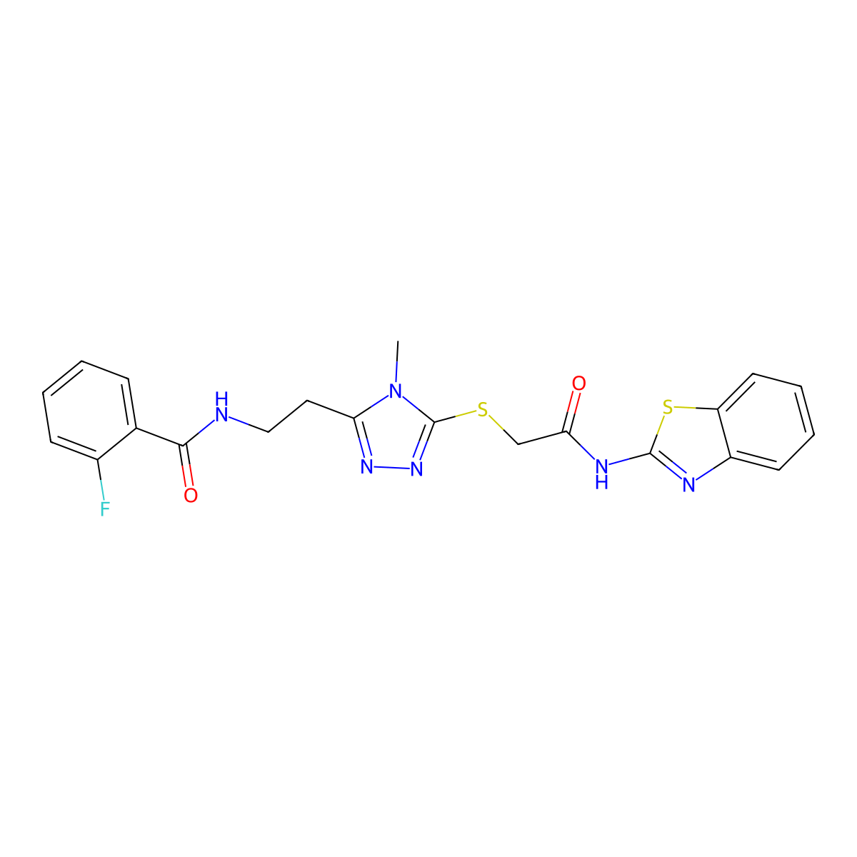 N-[2-[5-[2-(1,3-benzothiazol-2-ylamino)-2-oxoethyl]sulfanyl-4-methyl-1,2,4-triazol-3-yl]ethyl]-2-fluorobenzamide molecular structure, CAS 767327-49-1