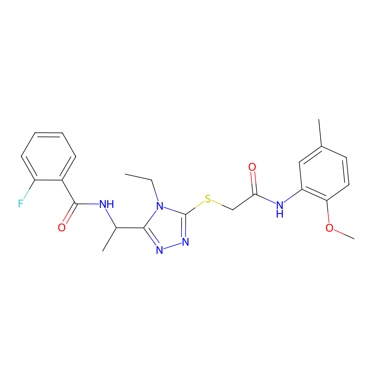 N-{1-[4-ethyl-5-({2-[(2-methoxy-5-methylphenyl)amino]-2-oxoethyl}sulfanyl)-4H-1,2,4-triazol-3-yl]ethyl}-2-fluorobenzamide molecular structure, CAS 767344-45-6