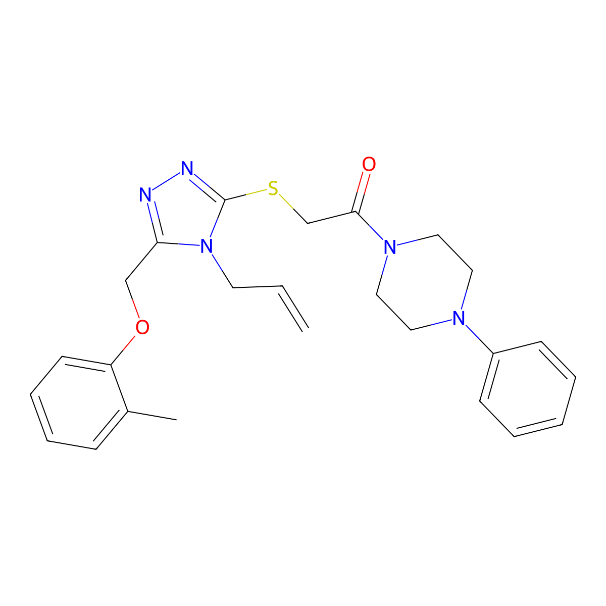 2-[[5-[(2-Methylphenoxy)methyl]-4-prop-2-enyl-1,2,4-triazol-3-yl]sulfanyl]-1-(4-phenylpiperazin-1-yl)ethanone molecular structure, CAS 767346-25-8