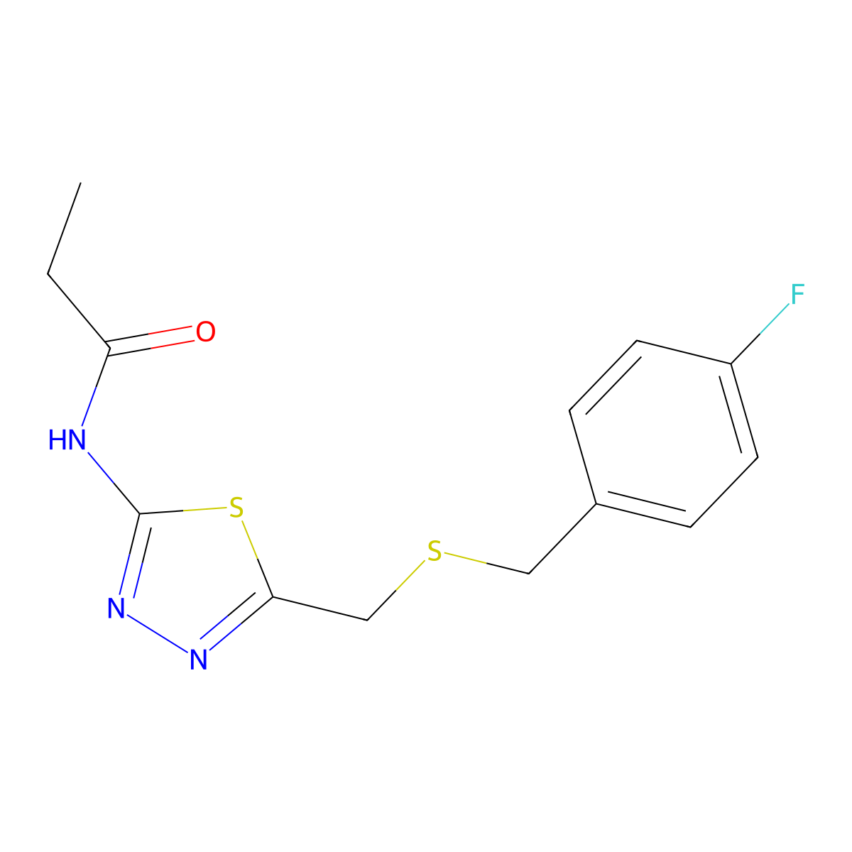 N-[5-[(4-fluorophenyl)methylsulfanylmethyl]-1,3,4-thiadiazol-2-yl]propanamide molecular structure, CAS 767346-68-9