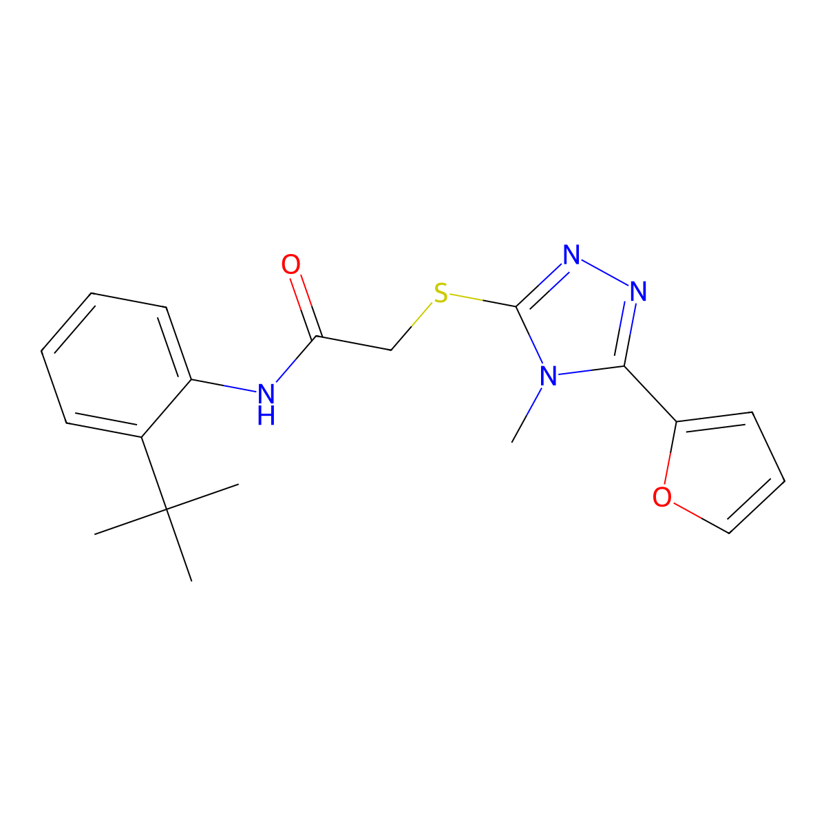 N-(2-tert-butylphenyl)-2-{[5-(furan-2-yl)-4-methyl-4H-1,2,4-triazol-3-yl]sulfanyl}acetamide molecular structure, CAS 767631-02-7