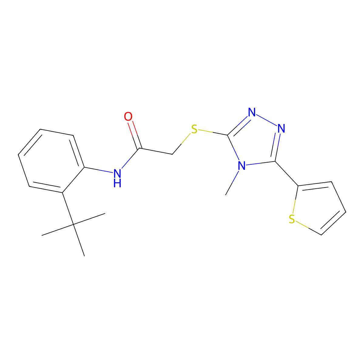 N-(2-tert-butylphenyl)-2-{[4-methyl-5-(thiophen-2-yl)-4H-1,2,4-triazol-3-yl]sulfanyl}acetamide molecular structure, CAS 767631-21-0