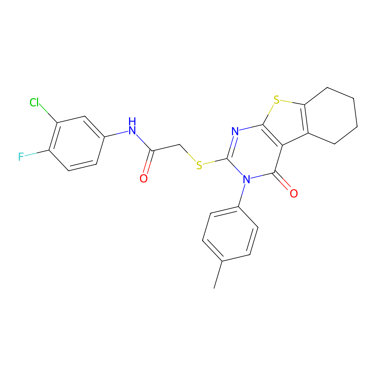 N-(3-chloro-4-fluorophenyl)-2-{[3-(4-methylphenyl)-4-oxo-3,4,5,6,7,8-hexahydro[1]benzothieno[2,3-d]pyrimidin-2-yl]sulfanyl}acetamide molecular structure, CAS 767632-37-1