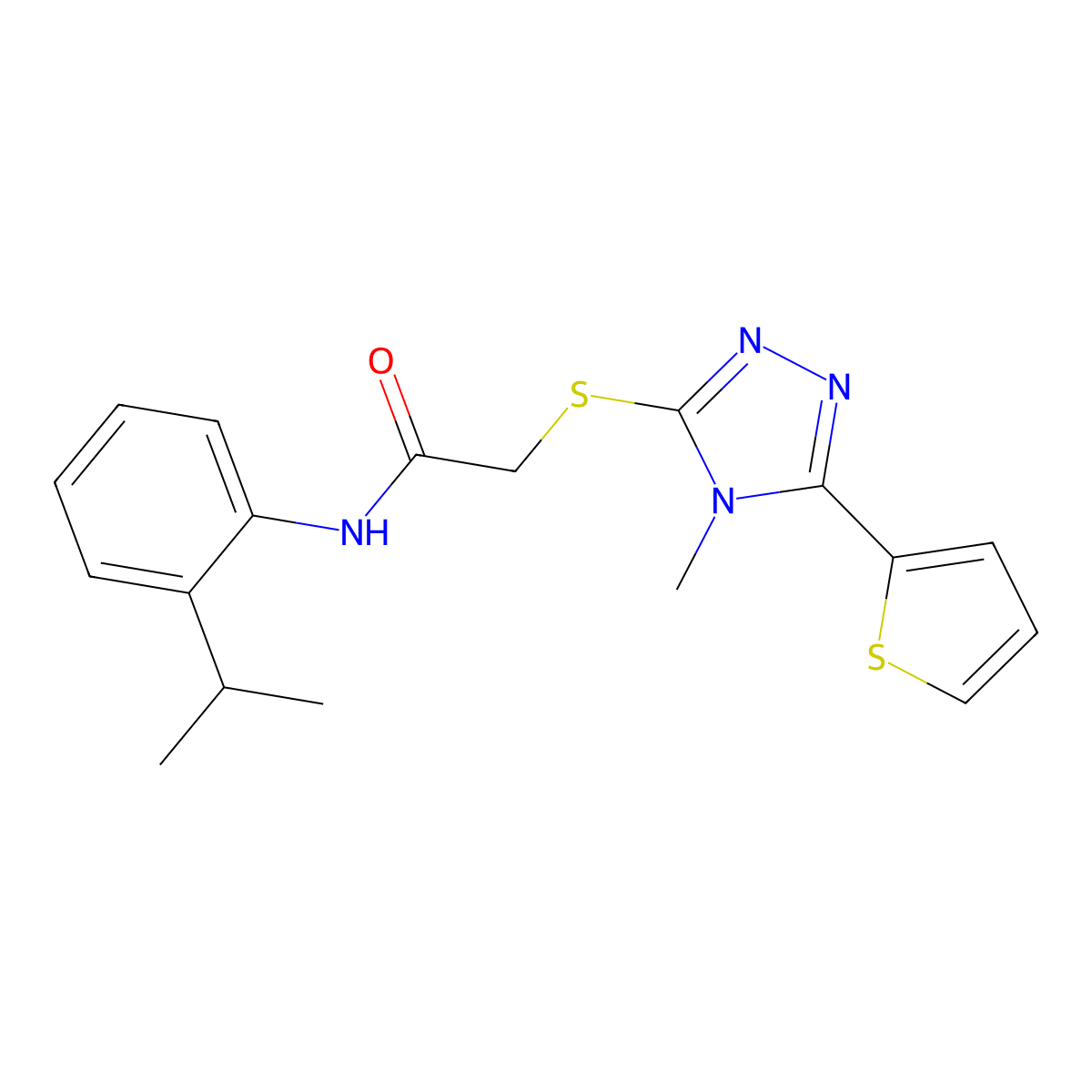2-{[4-methyl-5-(thiophen-2-yl)-4H-1,2,4-triazol-3-yl]sulfanyl}-N-[2-(propan-2-yl)phenyl]acetamide molecular structure, CAS 767989-84-4