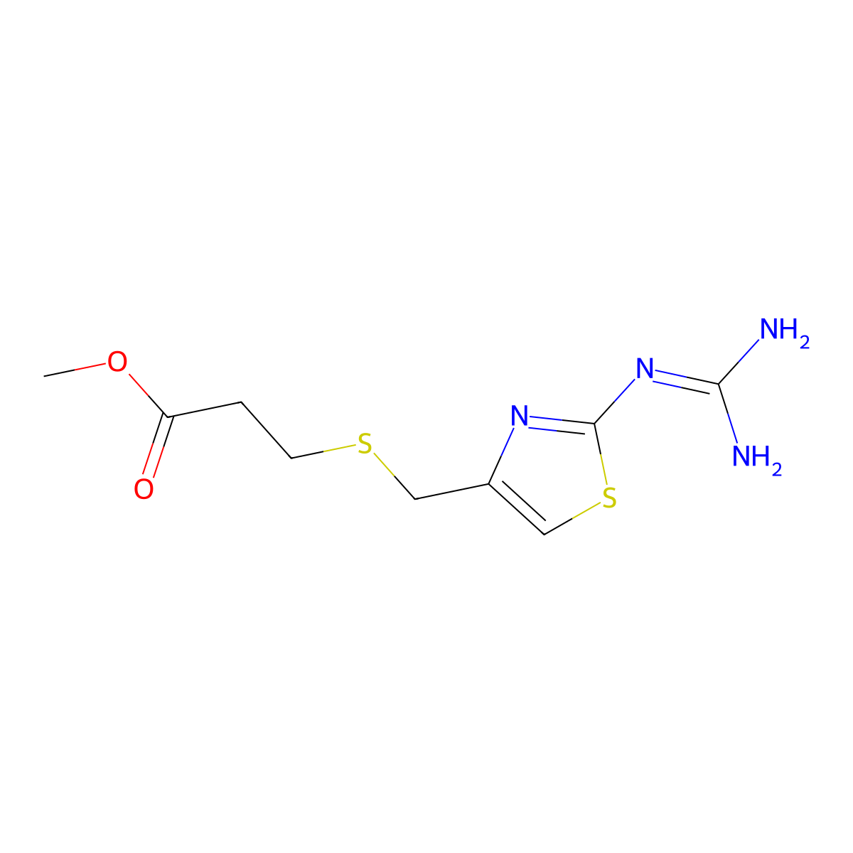 Methyl 3-(((2-((diaminomethylidene)amino)thiazol-4-yl)methyl)sulfanyl)propanoate molecular structure, CAS 76824-14-1