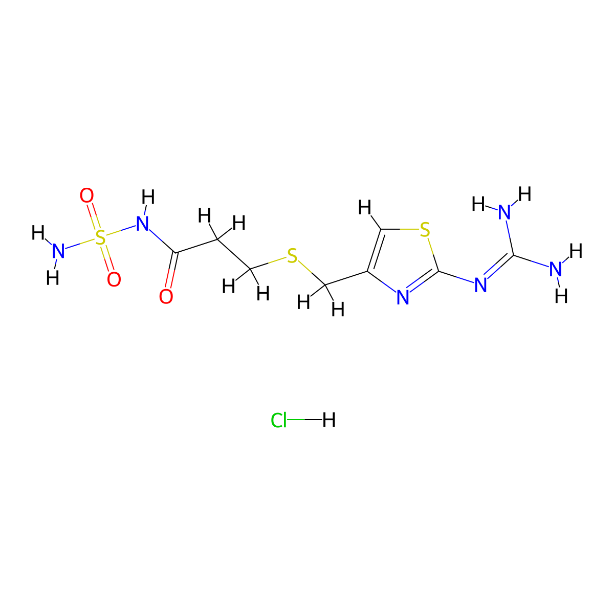 Propanamide, 3-(((2-((aminoiminomethyl)amino)-4-thiazolyl)methyl)thio)-N-(aminosulfonyl)-, hydrochloride (1:1) molecular structure, CAS 76824-17-4