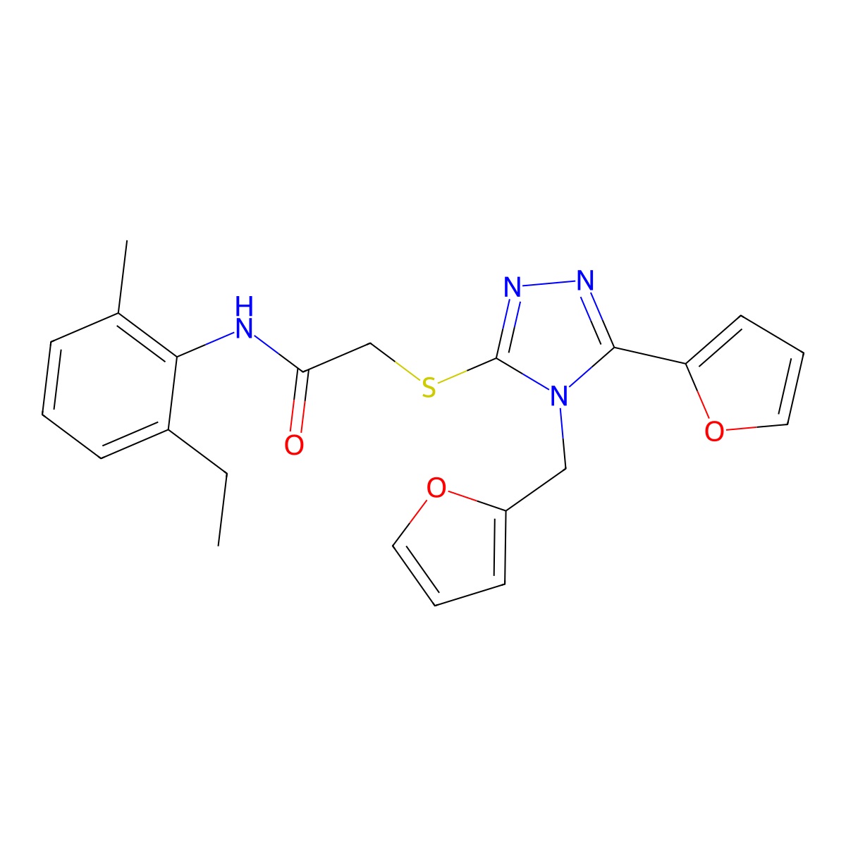 N-(2-ethyl-6-methylphenyl)-2-{[5-(furan-2-yl)-4-(furan-2-ylmethyl)-4H-1,2,4-triazol-3-yl]sulfanyl}acetamide molecular structure, CAS 768286-83-5