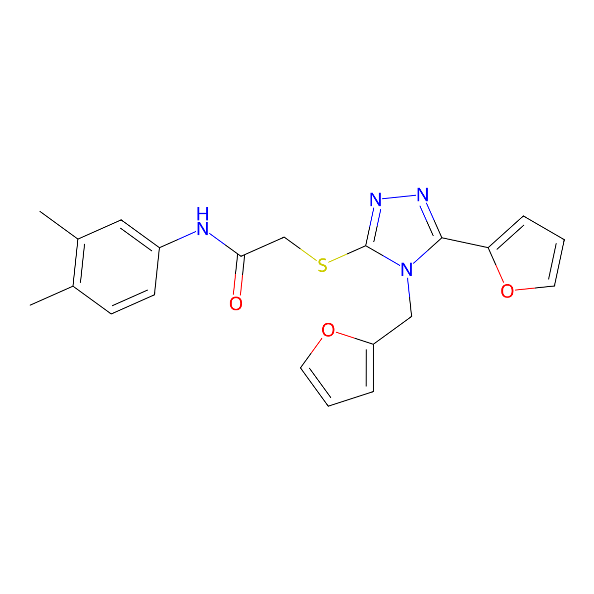 N-(3,4-dimethylphenyl)-2-{[5-(furan-2-yl)-4-(furan-2-ylmethyl)-4H-1,2,4-triazol-3-yl]sulfanyl}acetamide molecular structure, CAS 768288-44-4