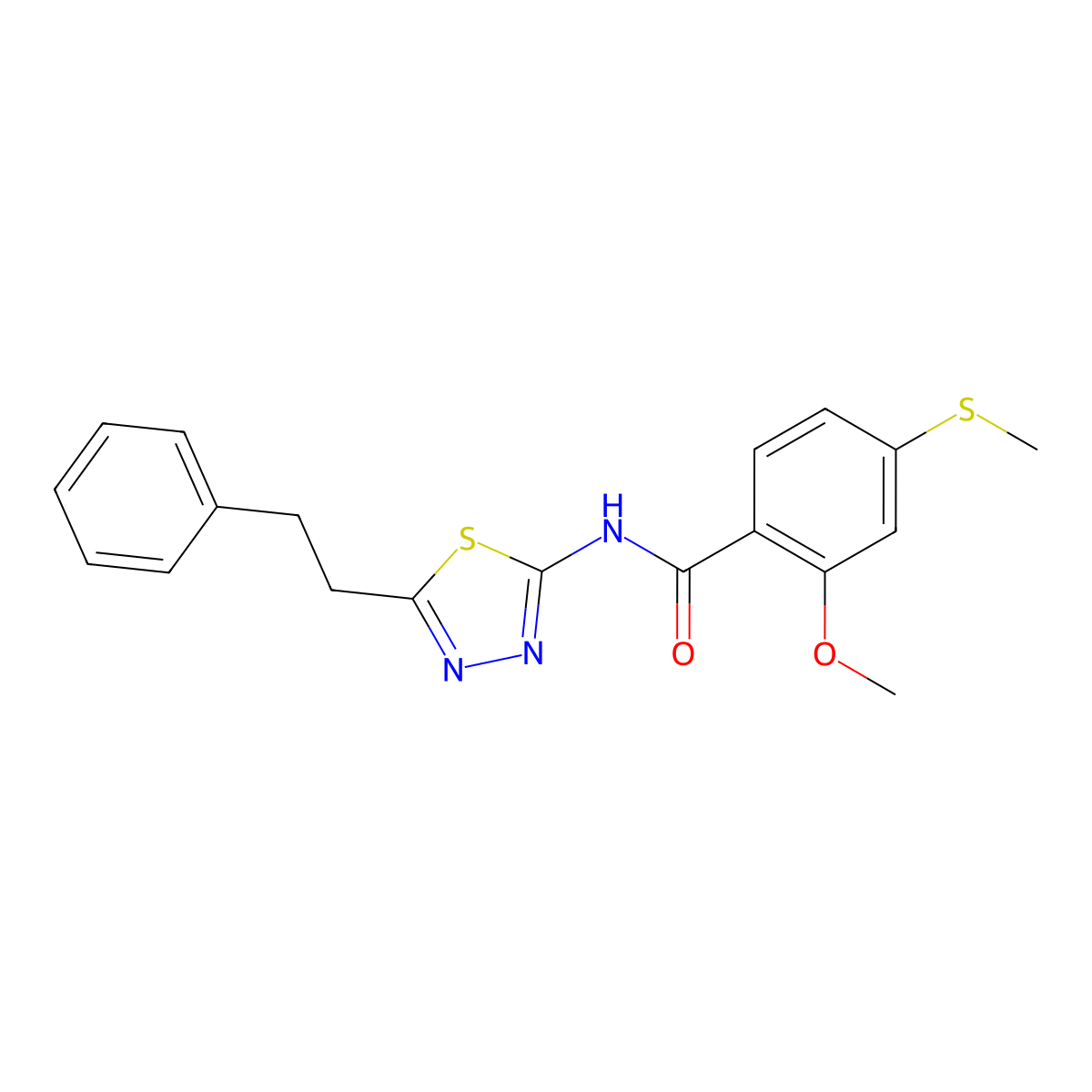 2-methoxy-4-(methylthio)-N-(5-phenethyl-1,3,4-thiadiazol-2-yl)benzamide molecular structure, CAS 768290-91-1