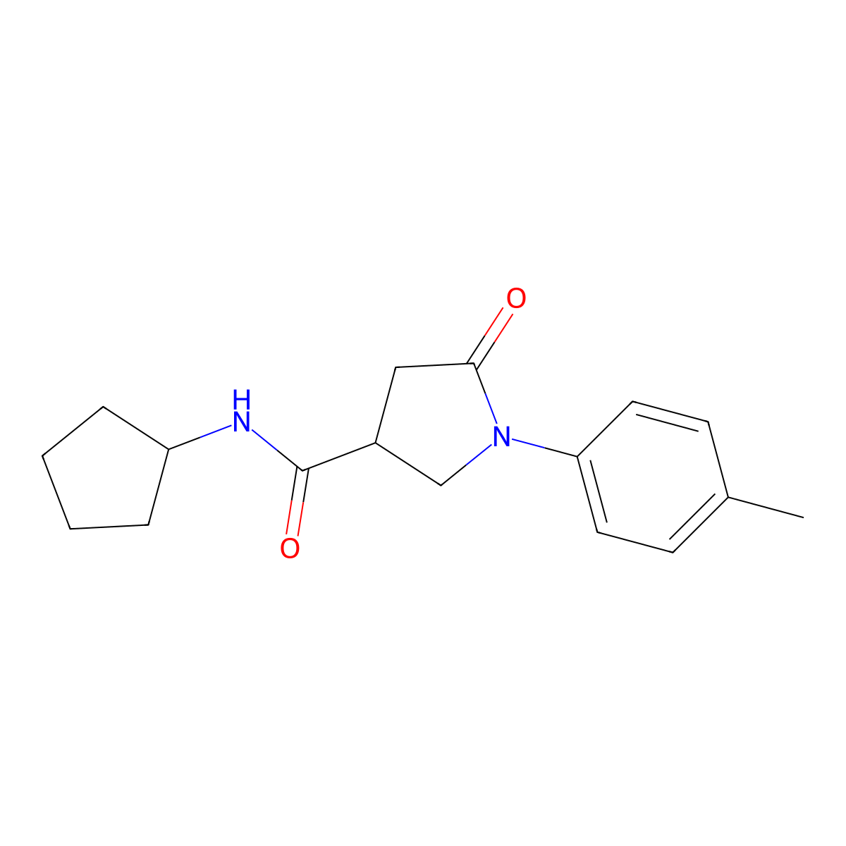 N-cyclopentyl-1-(4-methylphenyl)-5-oxopyrrolidine-3-carboxamide molecular structure, CAS 768291-60-7