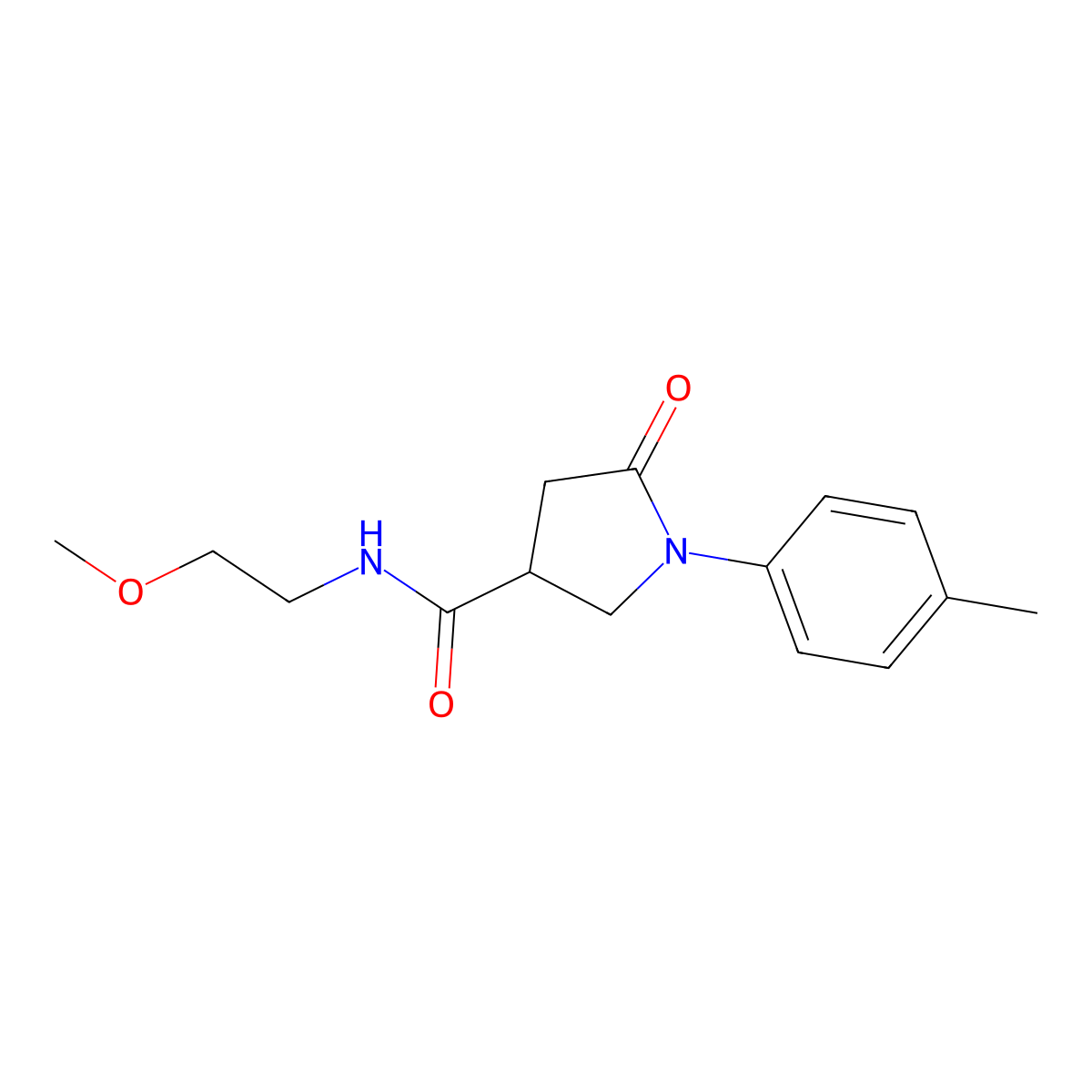N-(2-methoxyethyl)-1-(4-methylphenyl)-5-oxopyrrolidine-3-carboxamide molecular structure, CAS 768291-62-9
