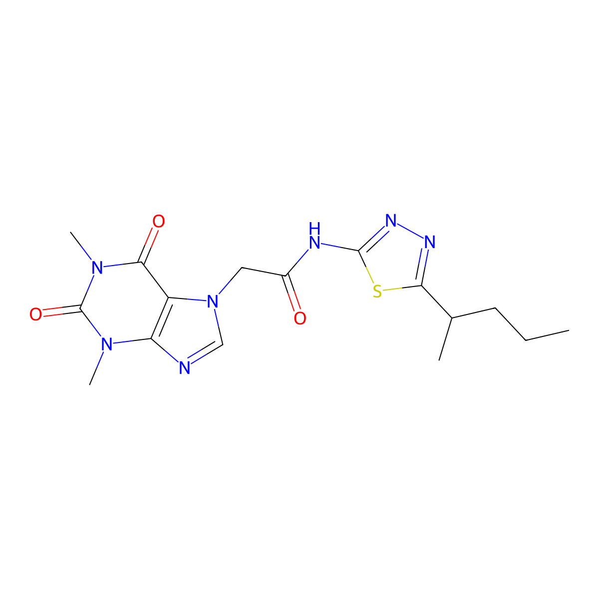 2-(1,3-dimethyl-2,6-dioxopurin-7-yl)-N-(5-pentan-2-yl-1,3,4-thiadiazol-2-yl)acetamide molecular structure, CAS 768292-20-2