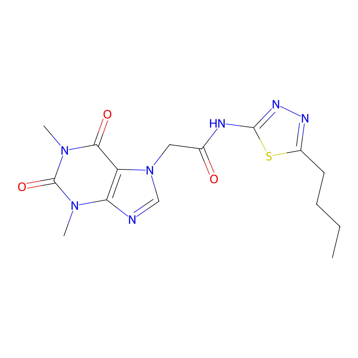 N-(5-butyl-1,3,4-thiadiazol-2-yl)-2-(1,3-dimethyl-2,6-dioxopurin-7-yl)acetamide molecular structure, CAS 768292-75-7