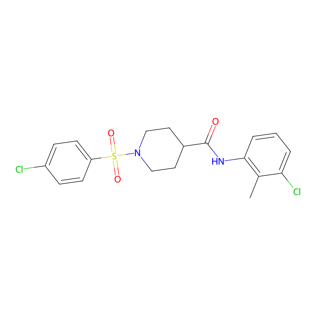 N-(3-chloro-2-methylphenyl)-1-(4-chlorophenyl)sulfonylpiperidine-4-carboxamide molecular structure, CAS 768293-25-0