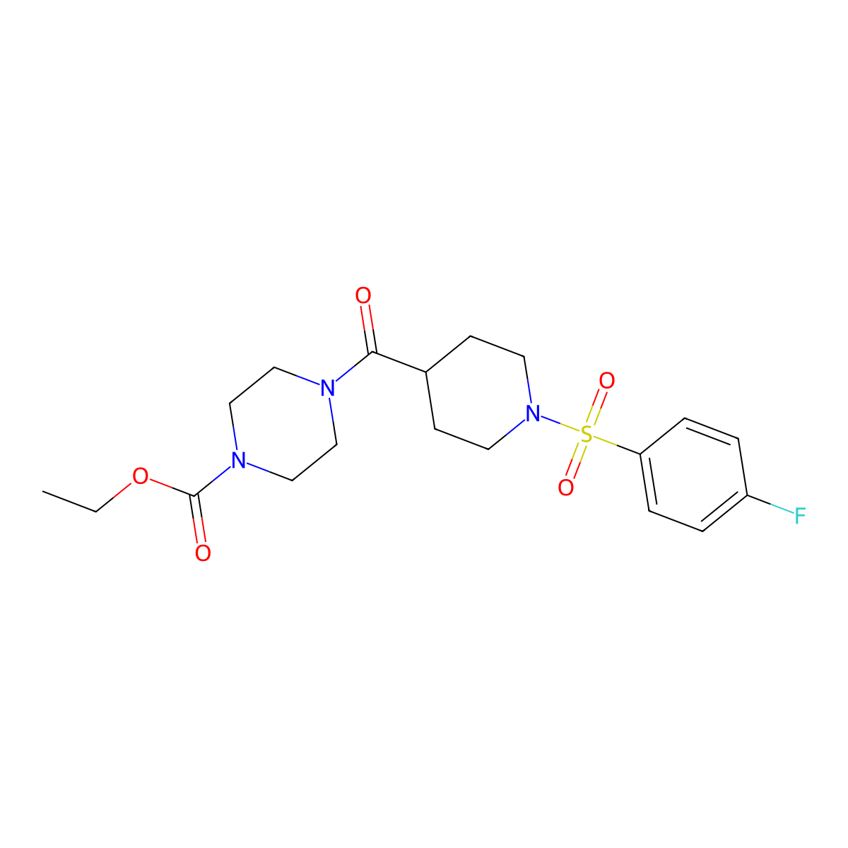 Ethyl 4-({1-[(4-fluorophenyl)sulfonyl]piperidin-4-yl}carbonyl)piperazine-1-carboxylate molecular structure, CAS 768293-41-0