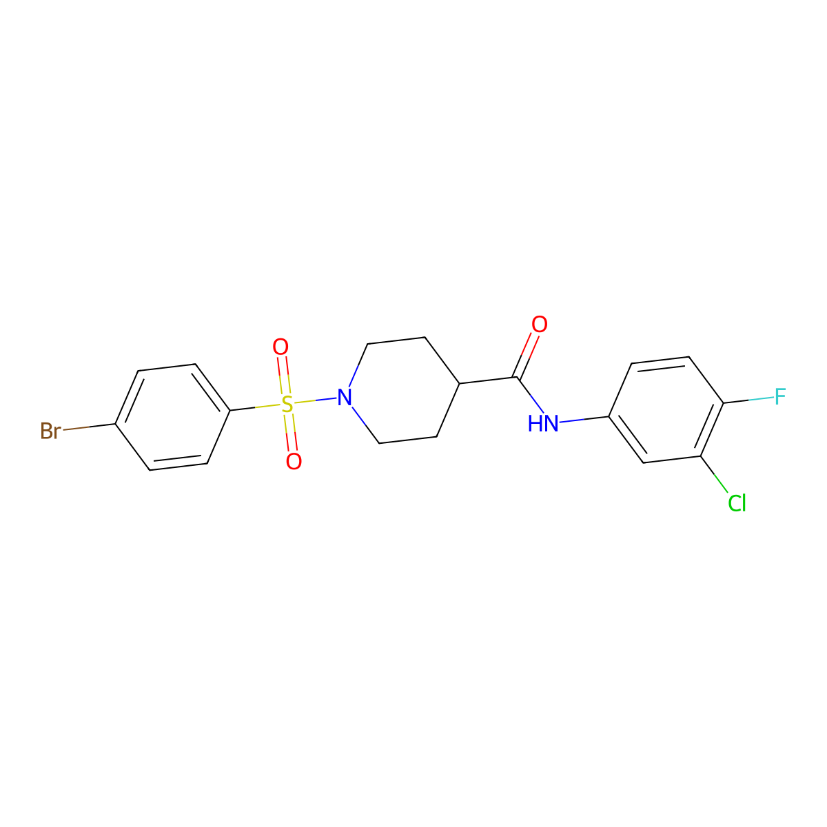 1-(4-bromophenyl)sulfonyl-N-(3-chloro-4-fluorophenyl)piperidine-4-carboxamide molecular structure, CAS 768293-43-2