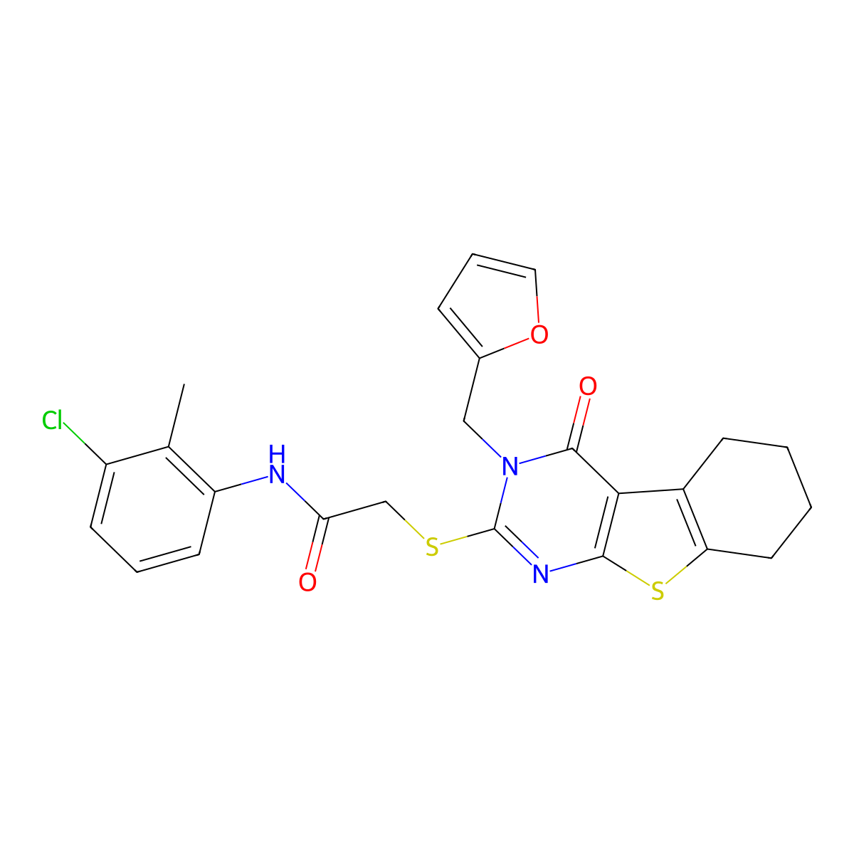 N-(3-chloro-2-methylphenyl)-2-[3-(2-furylmethyl)-4-oxo(3,5,6,7,8-pentahydroben zo[b]thiopheno[2,3-d]pyrimidin-2-ylthio)]acetamide molecular structure, CAS 768293-52-3