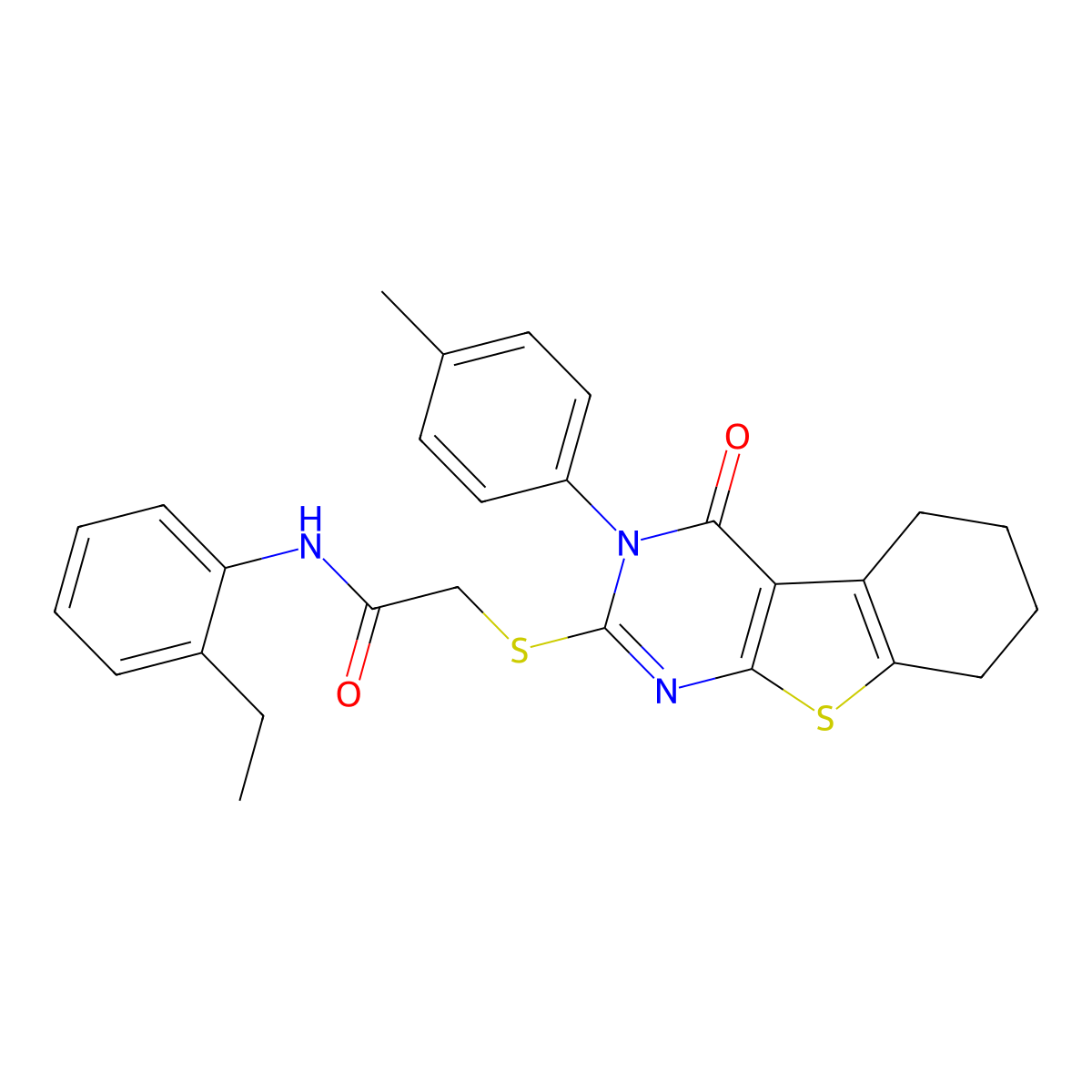 N-(2-ethylphenyl)-2-{[3-(4-methylphenyl)-4-oxo-3,4,5,6,7,8-hexahydro[1]benzothieno[2,3-d]pyrimidin-2-yl]sulfanyl}acetamide molecular structure, CAS 768377-15-7