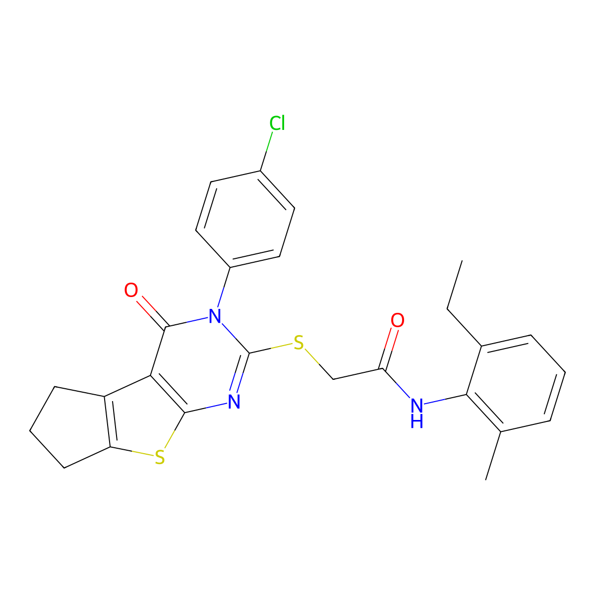 2-{[3-(4-chlorophenyl)-4-oxo-3,5,6,7-tetrahydro-4H-cyclopenta[4,5]thieno[2,3-d]pyrimidin-2-yl]sulfanyl}-N-(2-ethyl-6-methylphenyl)acetamide molecular structure, CAS 768380-53-6