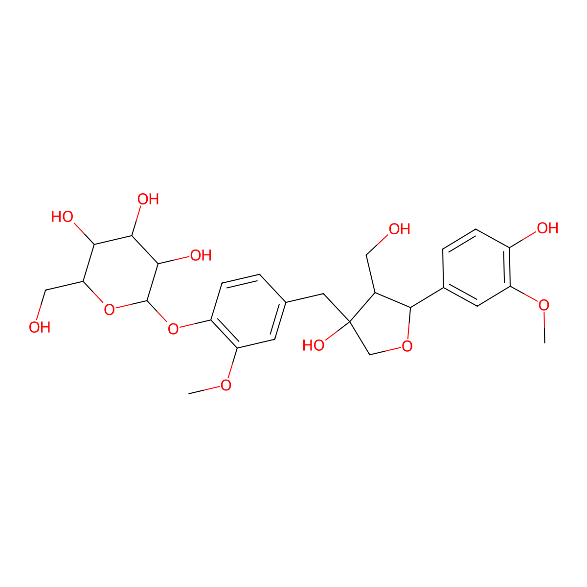 (2S,3R,4S,5S,6R)-2-(4-(((3S,4R,5S)-3-hydroxy-5-(4-hydroxy-3-methoxyphenyl)-4-(hydroxymethyl)oxolan-3-yl)methyl)-2-methoxyphenoxy)-6-(hydroxymethyl)oxane-3,4,5-triol molecular structure, CAS 76880-93-8