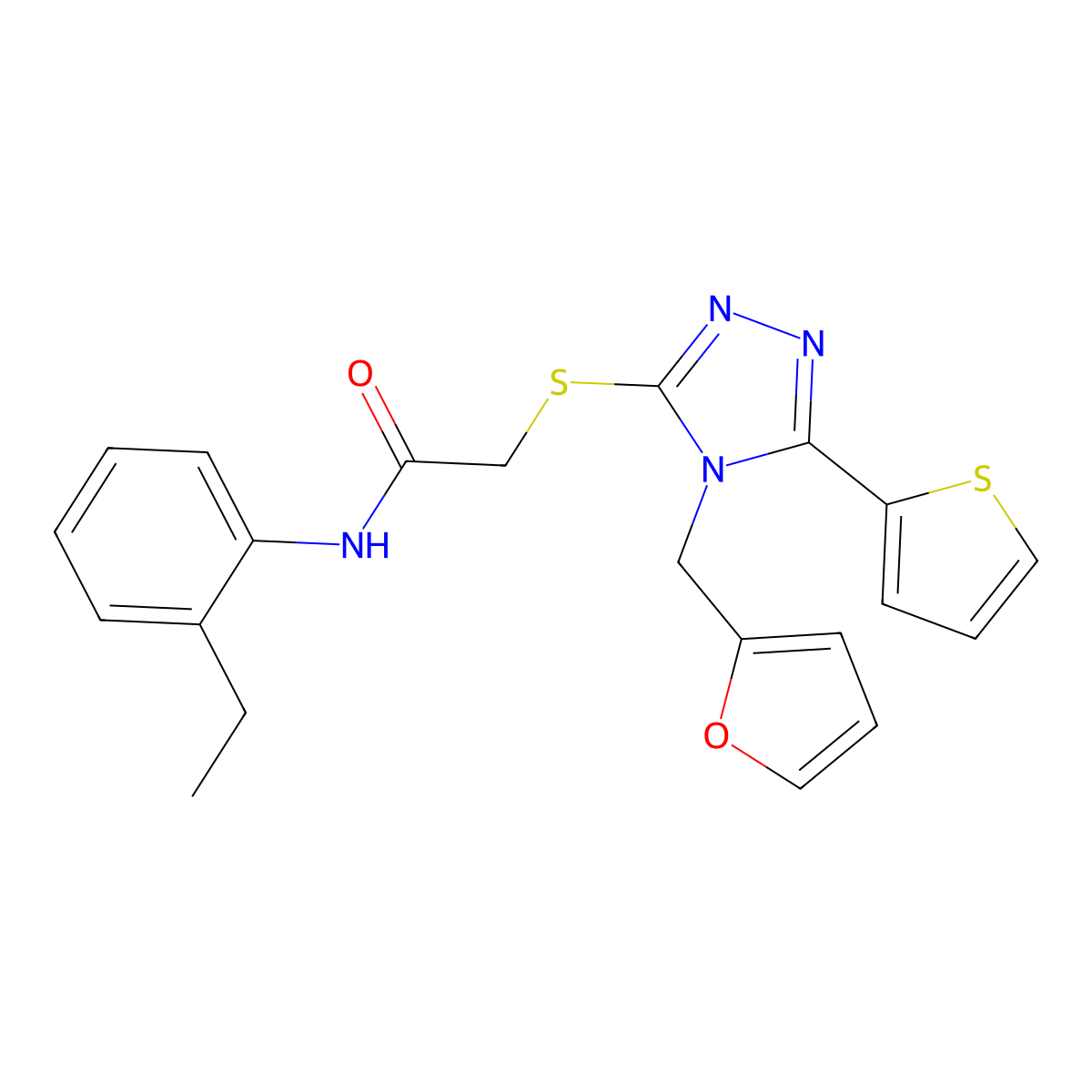 N-(2-ethylphenyl)-2-{[4-(furan-2-ylmethyl)-5-(thiophen-2-yl)-4H-1,2,4-triazol-3-yl]sulfanyl}acetamide molecular structure, CAS 769126-22-9