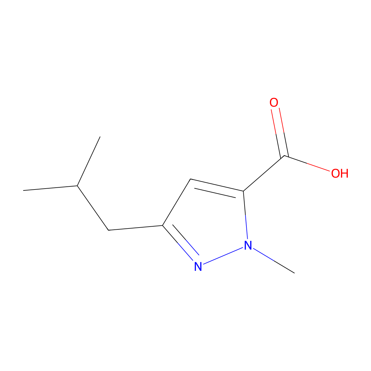 1-methyl-3-(2-methylpropyl)-1H-pyrazole-5-carboxylic acid molecular structure, CAS 769132-77-6