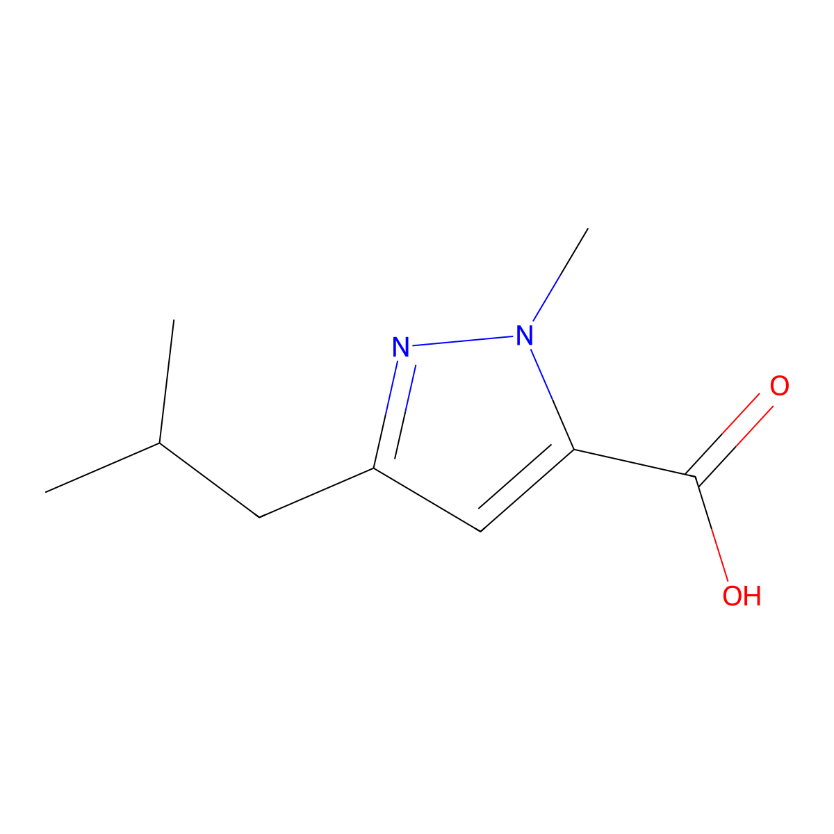1-methyl-3-(2-methylpropyl)-1H-pyrazole-5-carboxylic acid molecular structure, CAS 769132-77-6
