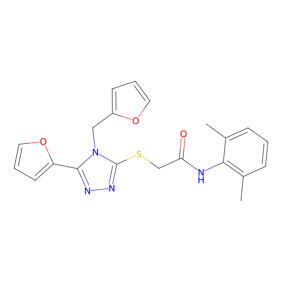 N-(2,6-dimethylphenyl)-2-{[5-(furan-2-yl)-4-(furan-2-ylmethyl)-4H-1,2,4-triazol-3-yl]sulfanyl}acetamide molecular structure, CAS 769133-28-0