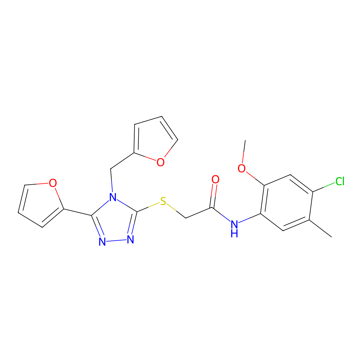 N-(4-chloro-2-methoxy-5-methylphenyl)-2-{[5-(furan-2-yl)-4-(furan-2-ylmethyl)-4H-1,2,4-triazol-3-yl]sulfanyl}acetamide molecular structure, CAS 769134-44-3