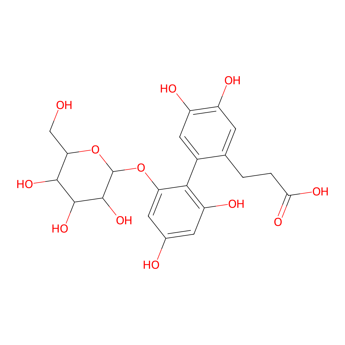 3-(2',4,4',5-Tetrahydroxy-6'-(((2S,3R,4S,5S,6R)-3,4,5-trihydroxy-6-(hydroxymethyl)tetrahydro-2H-pyran-2-yl)oxy)-[1,1'-biphenyl]-2-yl)propanoic acid molecular structure, CAS 769160-81-8