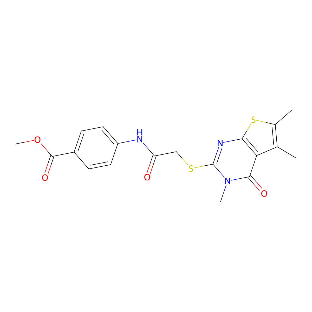 Methyl 4-({[(3,5,6-trimethyl-4-oxo-3,4-dihydrothieno[2,3-d]pyrimidin-2-yl)sulfanyl]acetyl}amino)benzoate molecular structure, CAS 769164-83-2