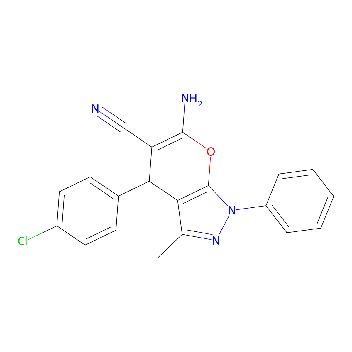 6-Amino-4-(4-chlorophenyl)-1,4-dihydro-3-methyl-1-phenylpyrano[2,3-c]pyrazole-5-carbonitrile molecular structure, CAS 76973-35-8