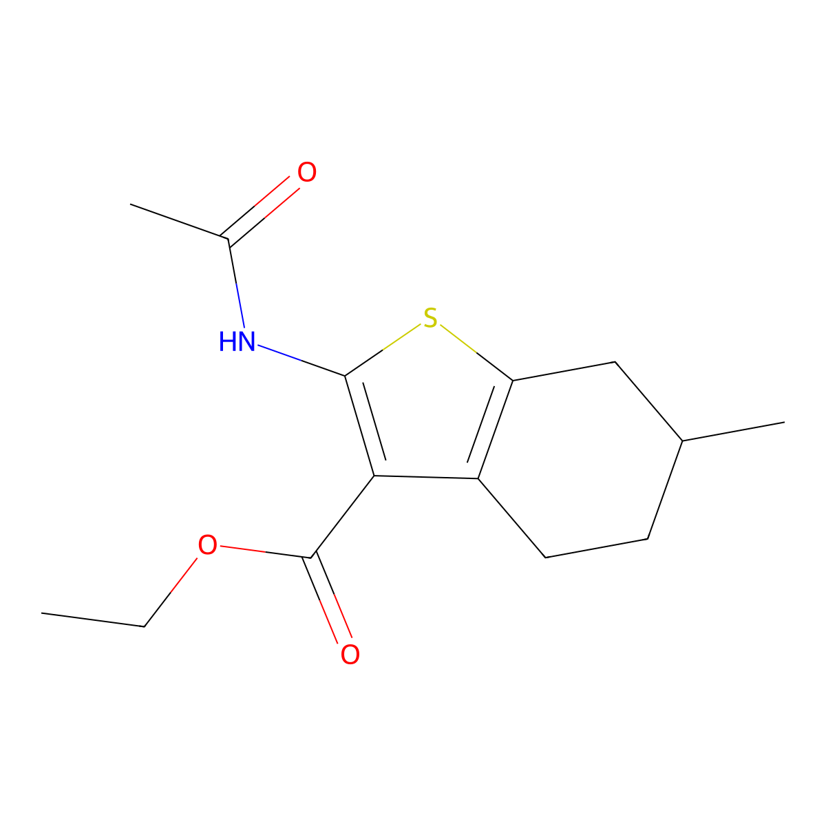 Benzo(b)thiophene-3-carboxylic acid, 4,5,6,7-tetrahydro-2-(acetylamino)-6-methyl-, ethyl ester molecular structure, CAS 76981-73-2