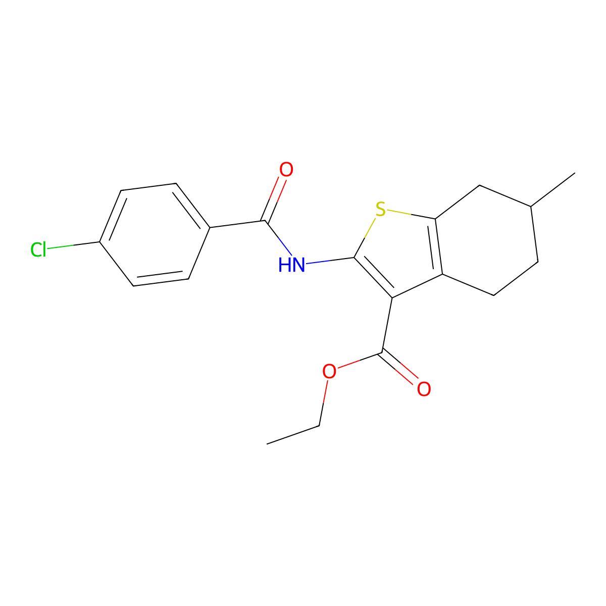 Benzo(b)thiophene-3-carboxylic acid, 4,5,6,7-tetrahydro-2-((4-chlorobenzoyl)amino)-6-methyl-,ethyl ester molecular structure, CAS 76981-84-5
