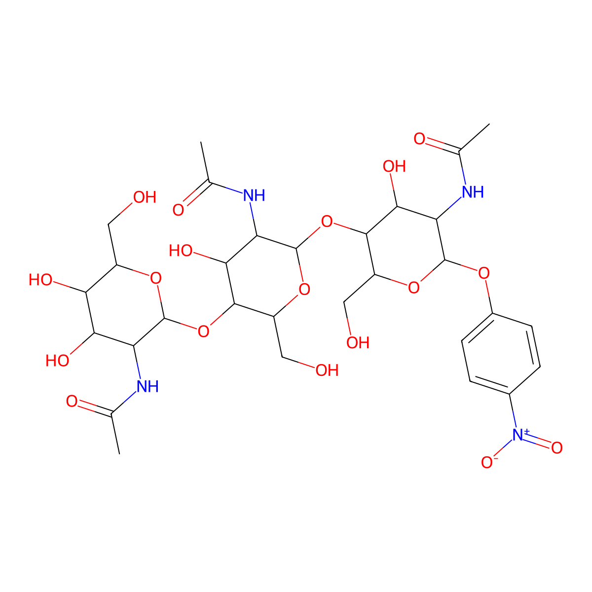 4-Nitrophenyl 2-acetamido-2-deoxyhexopyranosyl-(1->4)-2-acetamido-2-deoxyhexopyranosyl-(1->4)-2-acetamido-2-deoxyhexopyranoside molecular structure, CAS 7699-38-9